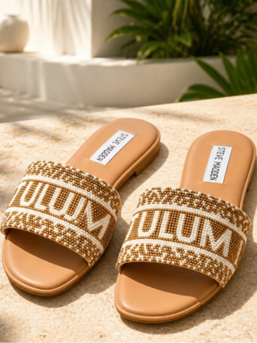 Steve Madden Knox Tulum Beaded Slide Flat Sandals Tan size 5.5m
